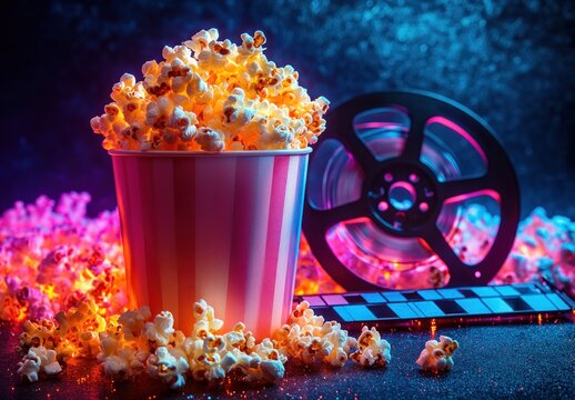 Cinema Movie Night Popcorn Bucket Film Reel 3D Glasses Retro Aesthetic Neon Lighting