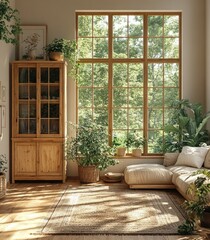 Fototapeta premium Scandinavian Minimalist Living Room Interior with Natural Light and Indoor Plants