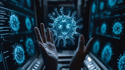 Radiant Virus Icon Surrounded by Medical Data