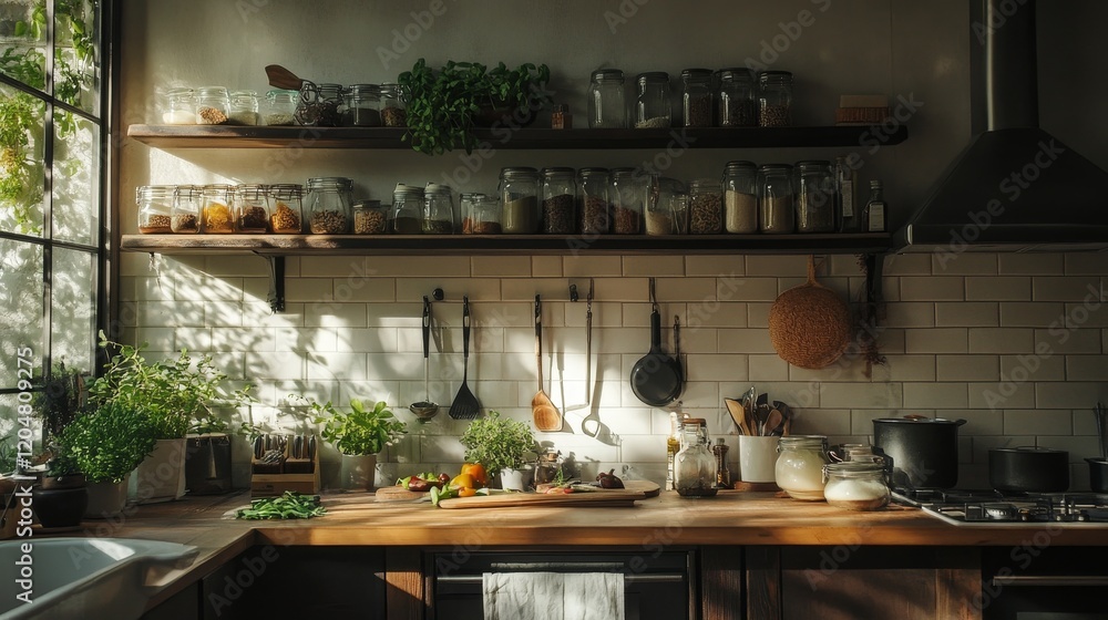 Canvas Prints Sunlit Kitchen with Herbs and Pantry Supplies