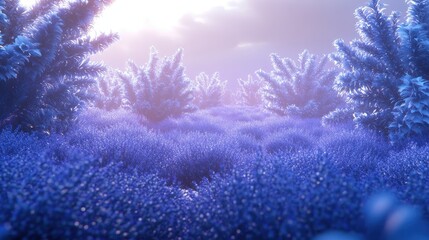 Serene Blue Landscape With Lush Plants and Soft Light