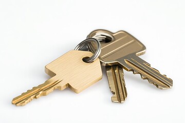 House keys with house shaped keychain isolated on white background