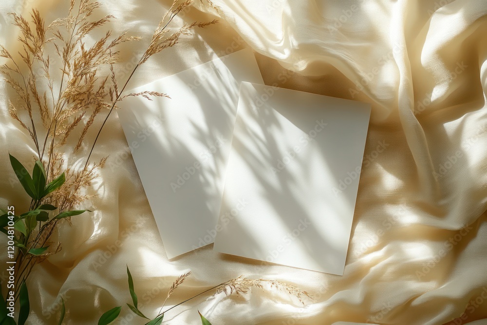 Poster mockup of two blank vertical white paper sheets on beige background with soft shadows for flyers inv