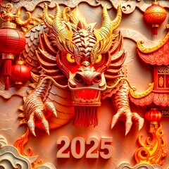 Fototapeta premium chinese dragon on red wall