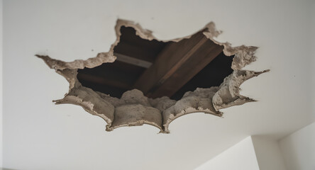 Damaged Ceiling with Exposed Joists
