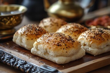 Zatar scones Manakish on a wooden platter Middle Eastern food
