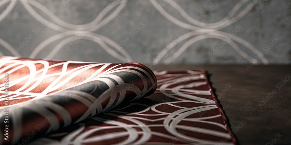 Poster A red and white patterned fabric is folded and placed on a table