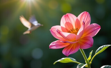 Fototapeta premium A vibrant image of pink flowers blooming in a field, with a bird soaring through a clear blue sky, symbolizing freedom, growth, and hope.