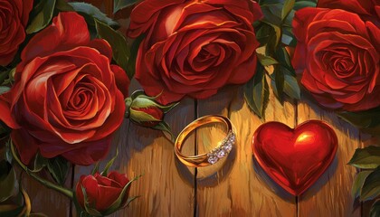 wedding card design featuring deep red roses, a sparkling golden wedding ring, and a bold red heart, set against a natural wooden background for a romantic and elegant presentation