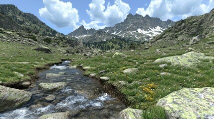 Obraz premium Mountain stream flows through alpine meadow, sunny day
