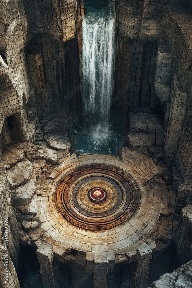 Poster a mystical waterfall cascading into a circular stone platform surrounded by rocky cliffs.