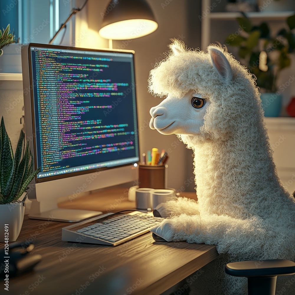 Poster a whimsical llama in a cozy workspace, engaged with a computer screen filled with code.