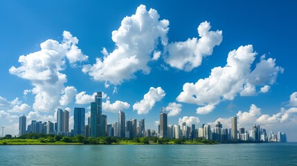 A vibrant skyline featuring modern high-rise buildings under a bright blue sky adorned with fluffy clouds. A tranquil waterfront offers a scenic view.