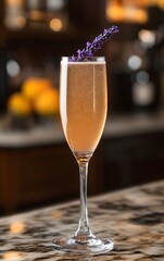 A delicate sparkling lavender cocktail in a tall, elegant glass, with lavender bitters floating on top and a sprig of fresh lavender, placed on a polished marble bar counter