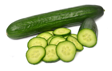 Cucumber whole and cut rings isolated on white background