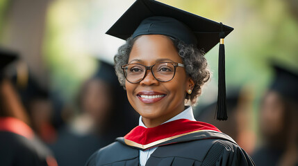 Mature African-American female professor attending college graduation, faculty formal attire concept
