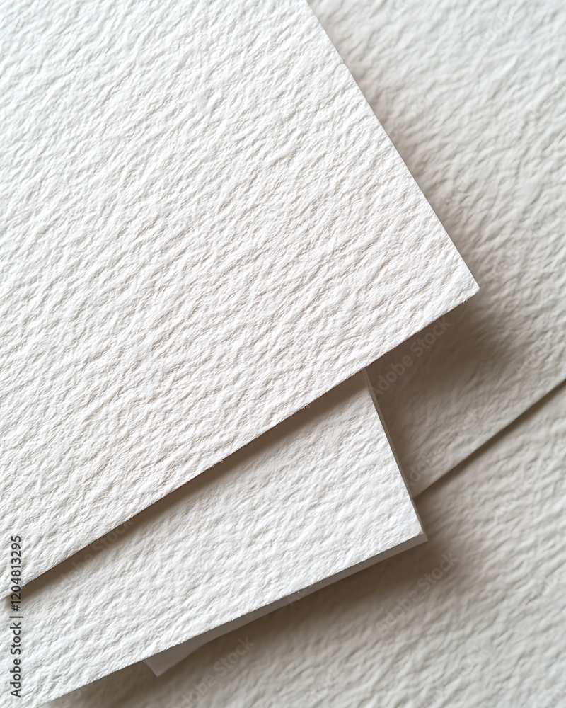 Poster a close-up view of textured, off-white paper sheets stacked together, showcasing their unique surfac