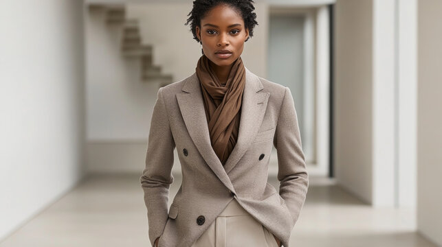 A high-end fashion model wearing a tailored mocha mousse-colored cashmere coat