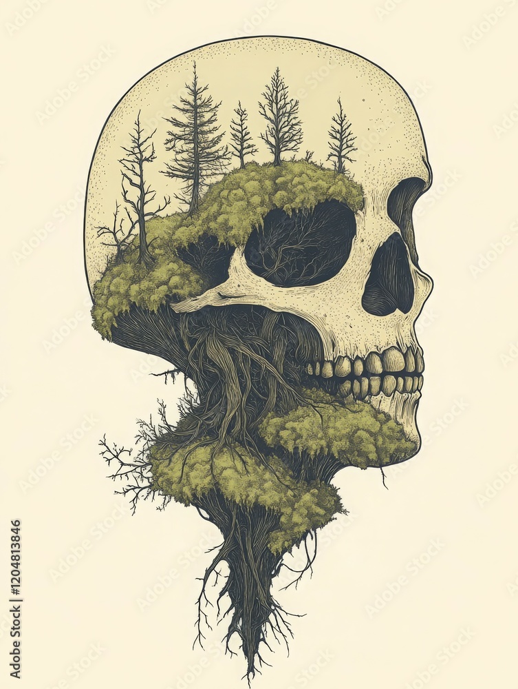 Poster a skull intertwined with trees and roots, symbolizing the connection between life and death.