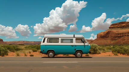 A vintage turquoise camper van parked along a scenic desert highway, surrounded by dramatic red rock formations and bright blue skies.