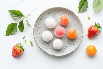 Top view of a white background featuring a plate of delicious mochi and strawberries in various colors