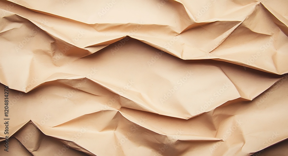 Poster a close-up view of crumpled brown paper, showcasing its textured surface and subtle color variations