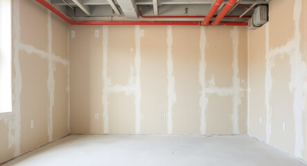 Unfinished Room Interior with Exposed Pipes and Drywall