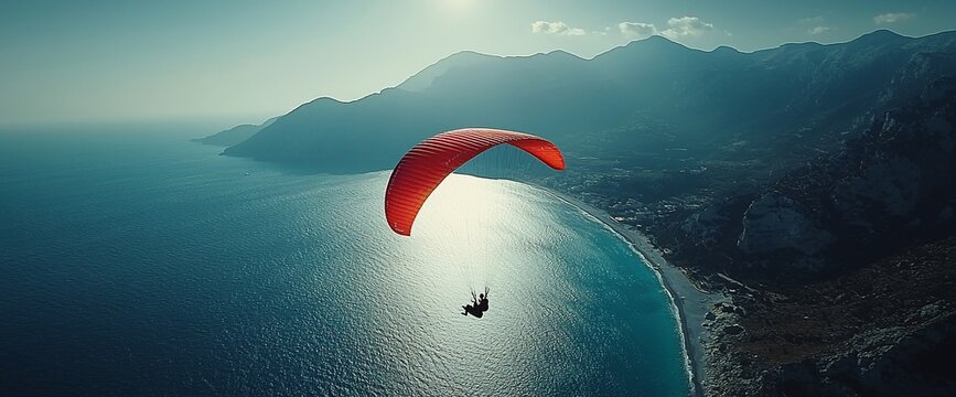 Paraglider soaring over scenic coastal mountains and turquoise sea.