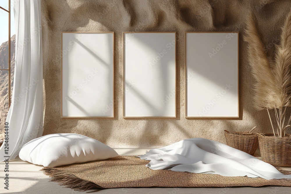 Poster minimalist composition of three blank canvases on textured background with soft natural light