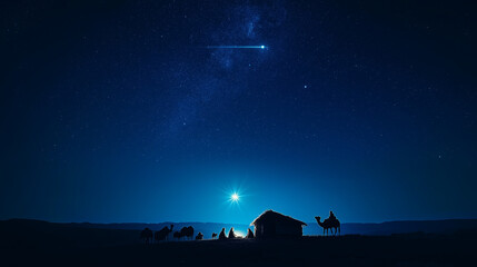 Serene Nativity Scene Under a Star-Filled Night Sky with Radiant Star and Three Wise Men Approaching in Peaceful Reverence







