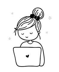 outline drawing lineart of girl with a laptop studying homework new year planning