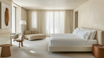 Fototapeta premium A large white bed with white pillows