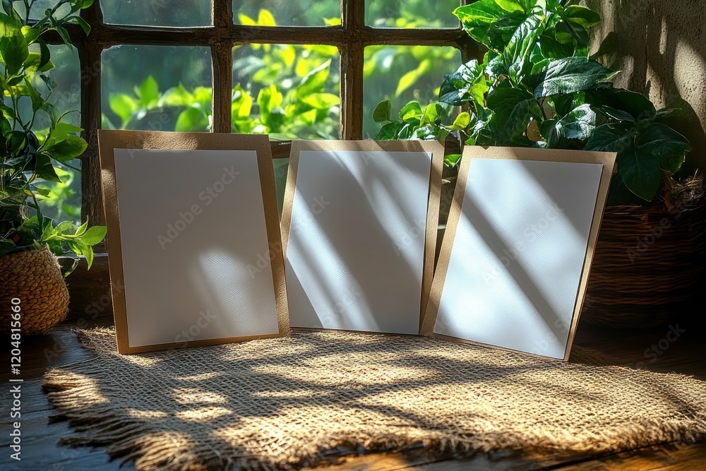 Poster mockup of three blank paper sheets a4 a5 a6 on textured background for letters invitations greeting 