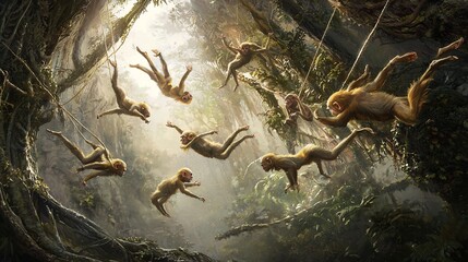 Obraz premium Monkeys Swinging and Playing Through the Jungle Canopy in a Painted Scene of Nature