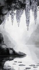 Obraz premium painted with a black and white background, in front of a branch of intense purple and red wisteria, resting on the bank of a river, reflected on the water