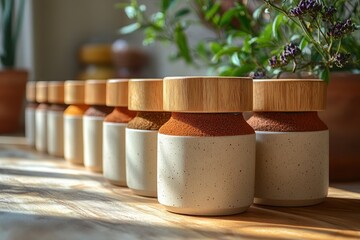 Hand Holding Spice Jar in Scandinavian Kitchen Still Life