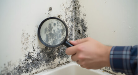 Inspecting Mold Growth on Wall with Magnifying Glass