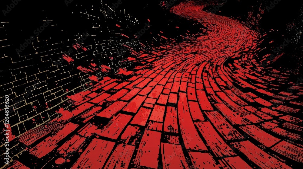 Poster red paved pathway surrounded by dark walls in a mysterious environment