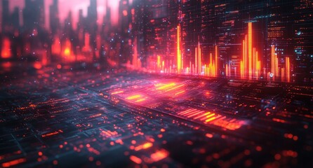Futuristic Cyberpunk Data Visualization with Growth Indicators Financial Charts and Dynamic Market Analysis