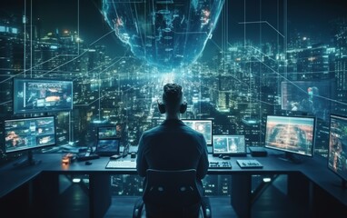 Fototapeta premium Cybersecurity Professional Monitoring Global Network