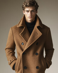 A sleek male model wearing a perfectly tailored mocha mousse-colored cashmere coat