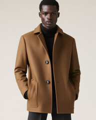 A sleek male model wearing a perfectly tailored mocha mousse-colored cashmere coat