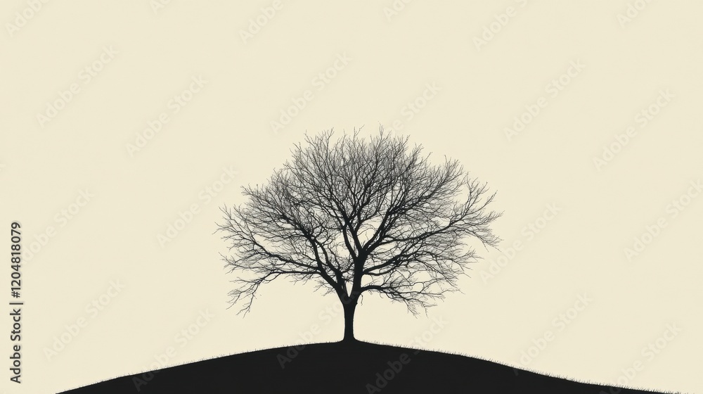 Poster lonely tree stands on hill against a plain background during a calm evening. generative ai