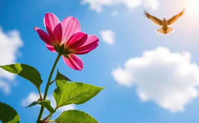 Naklejka premium A vibrant image of pink flowers blooming in a field, with a bird soaring through a clear blue sky, symbolizing freedom, growth, and hope.