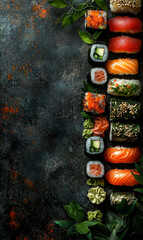 Delicious sushi rolls arranged beautifully with vibrant colors and textures