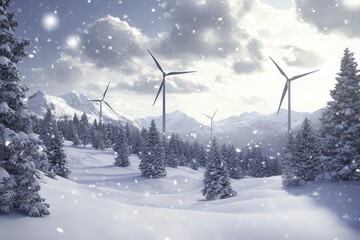 Obraz premium Wind Turbines Amidst Snowy Landscape and Dramatic Skies