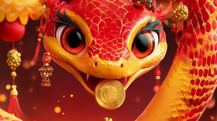 A vibrant, detailed dragon holds a gold coin, surrounded by festive decorations, embodying prosperity and celebration.