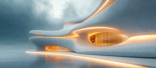 Futuristic building with glowing orange lines, smooth white curves, and large window.