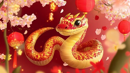 Obraz premium A vibrant, cartoonish dragon-like snake with festive lanterns, cherry blossoms, and a celebratory red background, evoking a festive atmosphere.