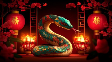 A vibrant, artistic depiction of a snake surrounded by glowing lanterns and floral accents, symbolizing prosperity and fortune.